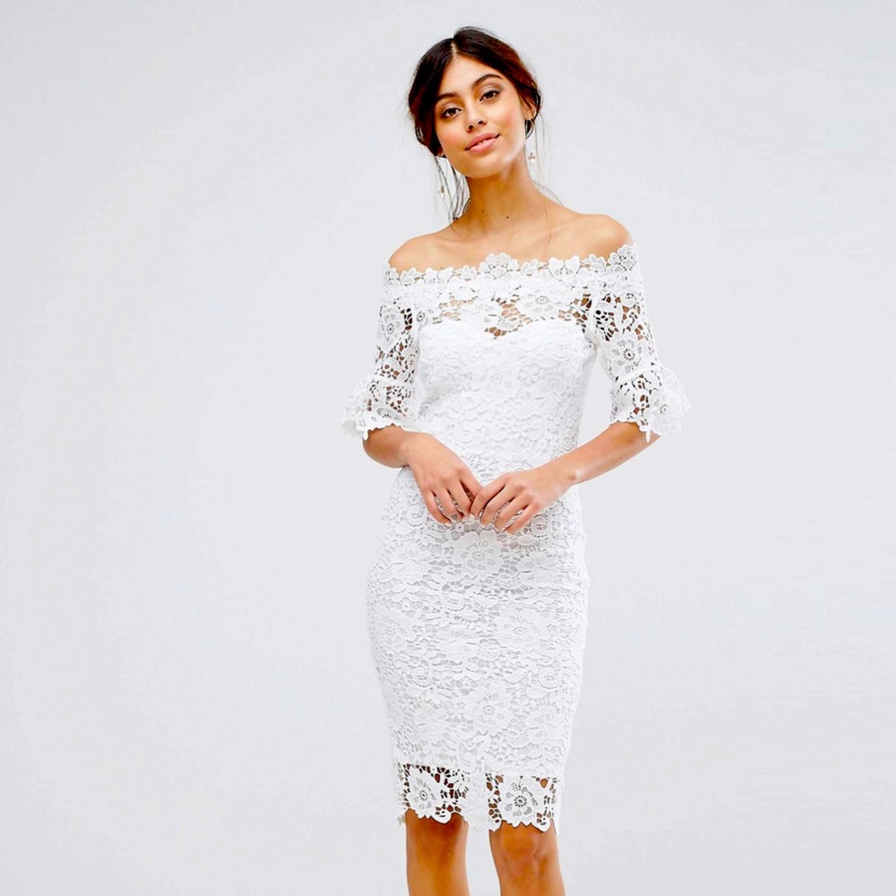 Paper Dolls White Lace Midi Bardot Dress US4 Off Shoulder